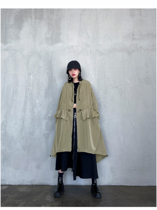 LOOSE FALBALA DRAWSTRING HIGH-LOW SOLID COLOR OUTWEAR