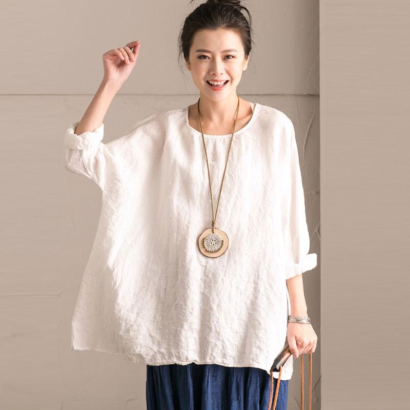 Linen Bat Sleeve Round Neck Loose White Shirt