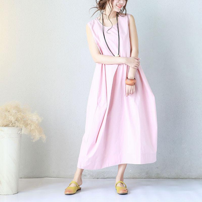 Women Summer Round Neck Cotton Loose Literature Sleeveless Pink Dress