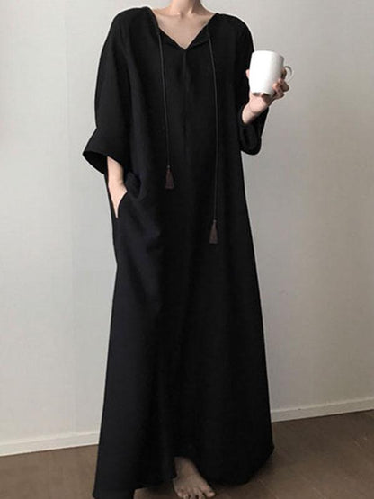 Black Vintage Daily Long Dress with Ropes on the Neck