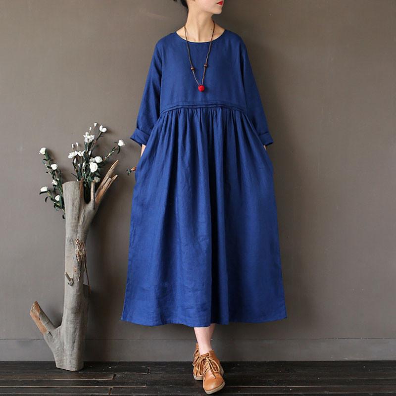 Linen Round Neck Loose High Waist Dark Blue Dress