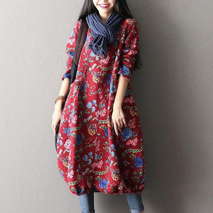 Women Print Casual Loose Cotton Dress