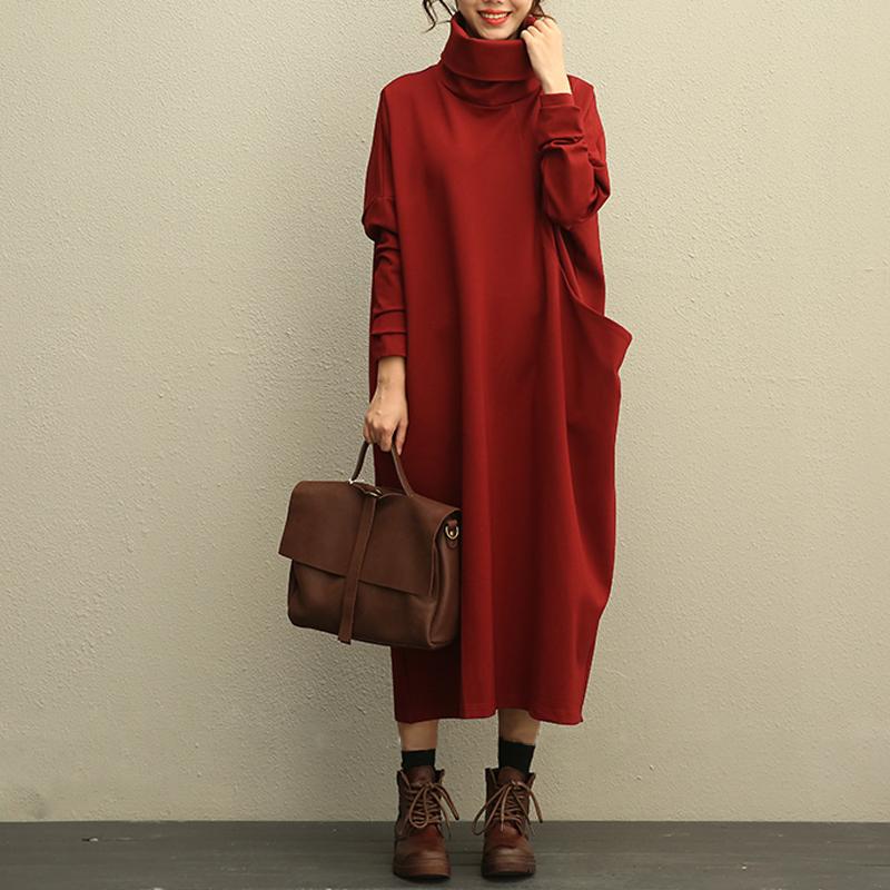 Literature Turtle Neck Long Sleeves Cotton Spandex Red Women Dress