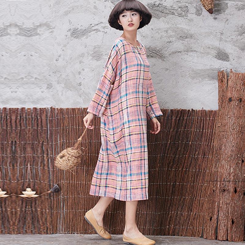 Classic Lattice Linen Loose Women Long Sleeve Pink Dress