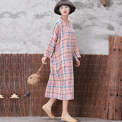 Classic Lattice Linen Loose Women Long Sleeve Pink Dress