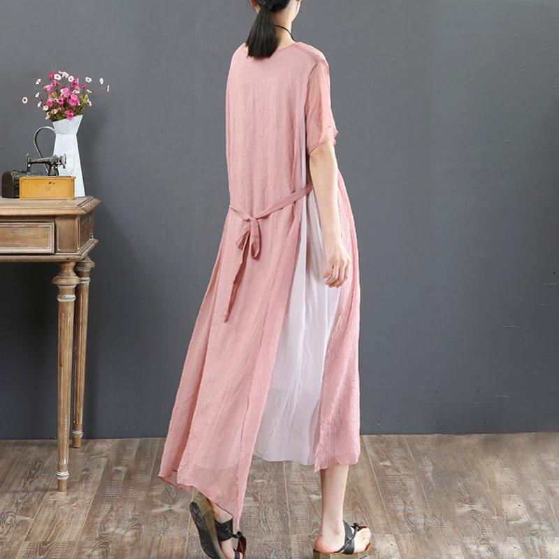 Round Neck Casual Summer Short Sleeve Pink Loose Dress