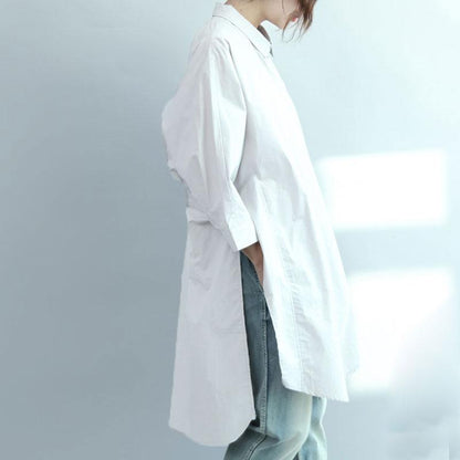 Irregular Literature Polo Collar Long Sleeves Cotton White Women Dress
