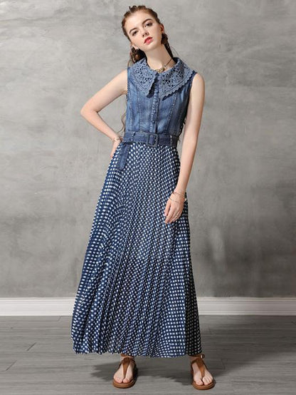 Original Polka-dot Pleated Belted Long Dress