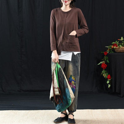 Buykud Solid Color Single Pocket Round Neck Casual Blouse
