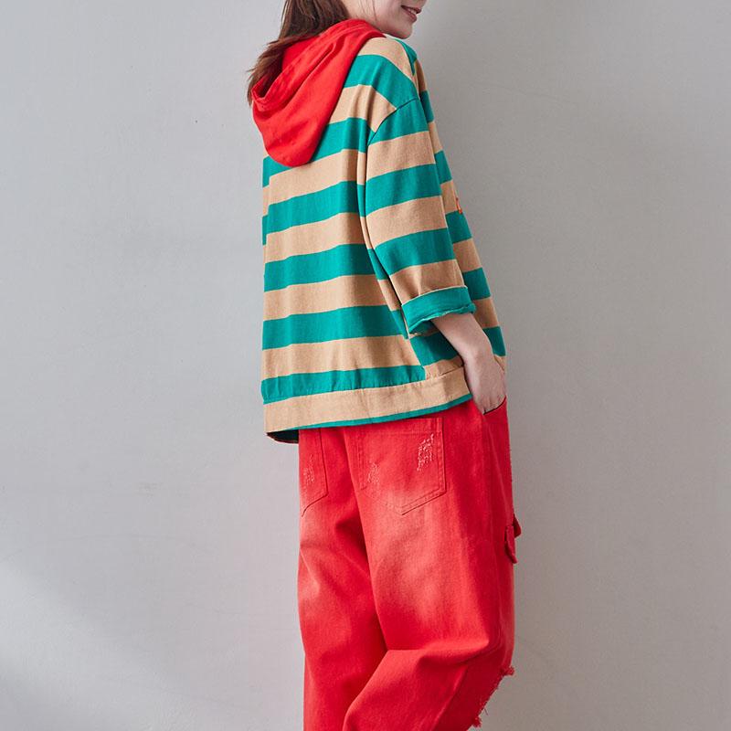 Buykud Stripes And Embroidered Letters Loose Hoodie