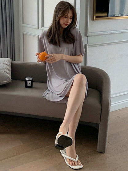 Casual Solid Color Short Sleeve Round-Neck Dress