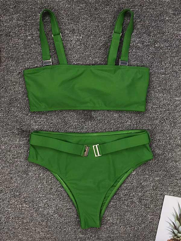 Solid Color Metal Buckle Bikini Swimsuit