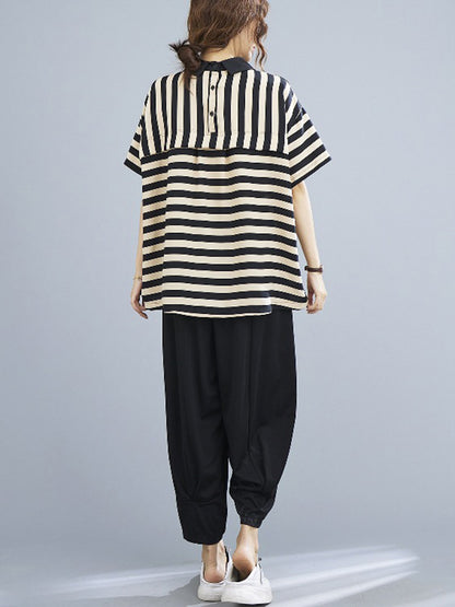 Urban Stripe Half Sleeve Lapel T-Shirt Top