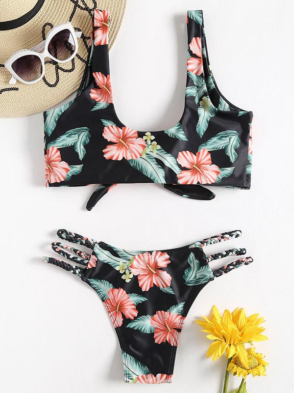 Knot Floral Straps Bikinis Swimwear