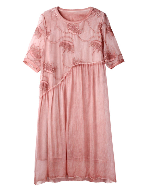 Original Artistic Retro Loose Embroidered Pleated Split-Joint Midi Dress