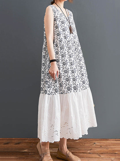 Loose Ramie Cotton National Printed Split-Joint Hollow Pleated Round-Neck Sleeveless Midi Dress
