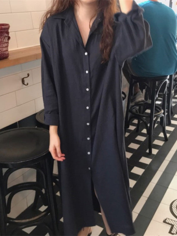 Casual Ramie Cotton Solid Color Buttoned Lapel Collar Long Sleeves Midi Shirt Dress