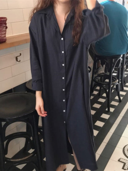 Casual Ramie Cotton Solid Color Buttoned Lapel Collar Long Sleeves Midi Shirt Dress