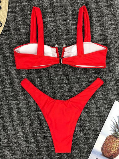 Solid Color Pearl Split Bikini Swimsuit