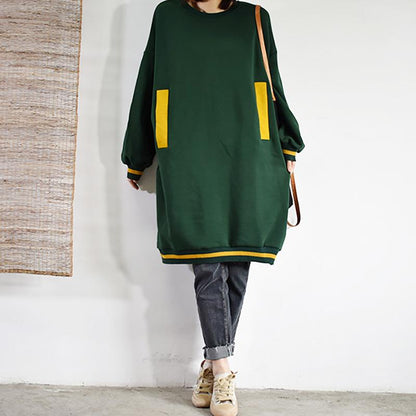 Buykud Casual Loose Pullover Solid Color O-neck Dress