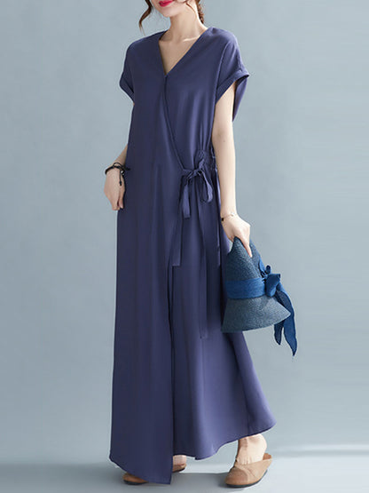 Casual Loose Solid Color Tied V-Neck Short Raglan Sleeves Maxi Dress