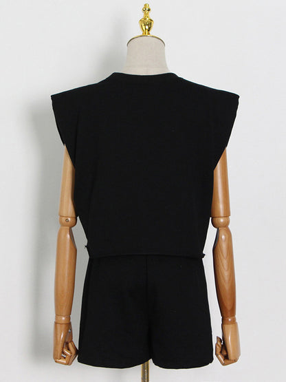 Casual Solid Color Cap Sleeve Vest+Shorts Suits