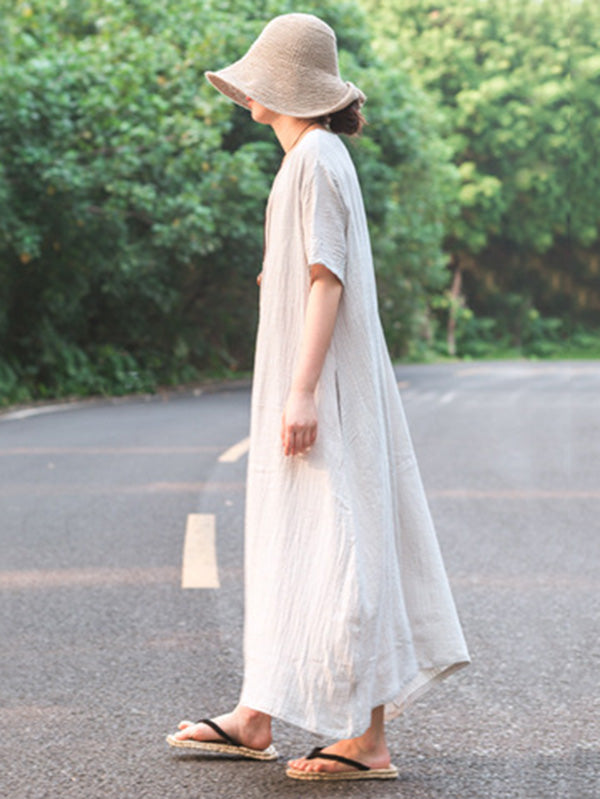 Simple Ramie Cotton V-Neck Short Sleeve Midi Dress