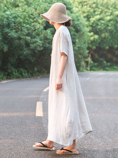 Simple Ramie Cotton V-Neck Short Sleeve Midi Dress