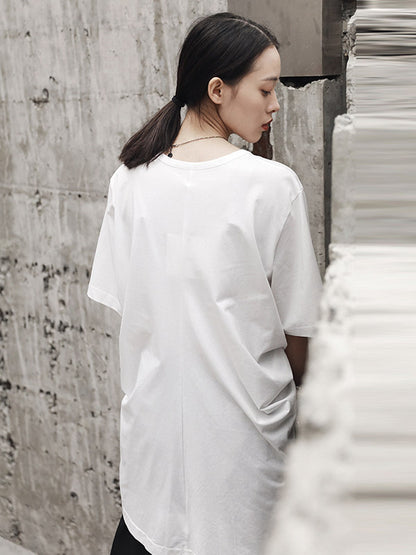 Simple Solid Color Asymmetric Pleated Short Sleeves Round-Neck T-Shirt