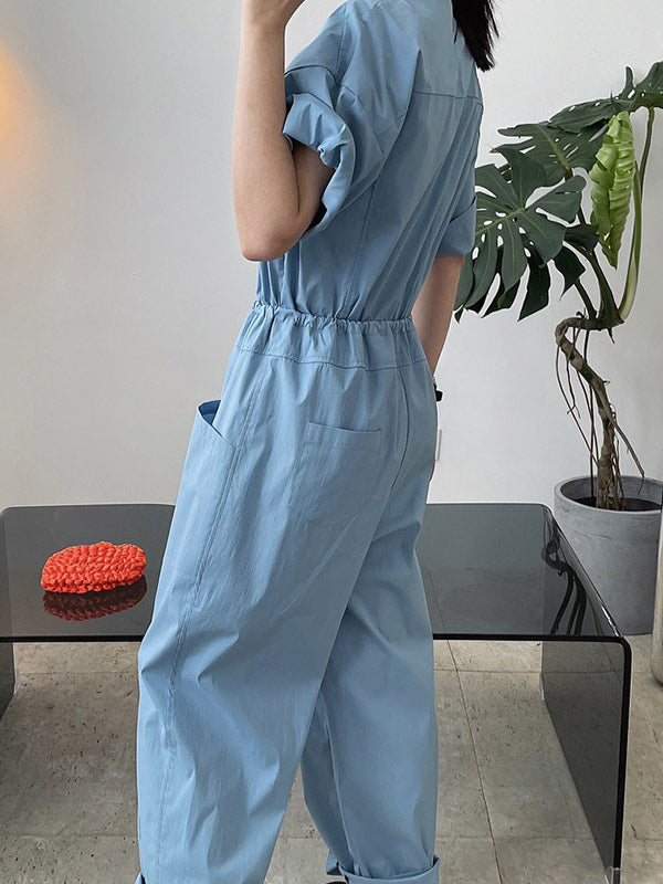 Urban Drawstring Elastic High Waisted Short Sleeves Wide Leg Jumpsuits
