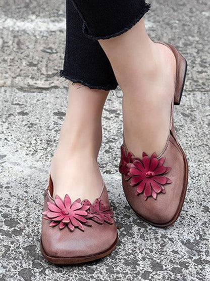 Genuine Leather Flower Decorated Round Toe Mules&Slides