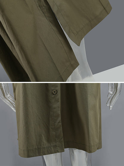 Casual Split-Joint Buttoned Lapel Collar Long Sleeves Midi Shirt Dress