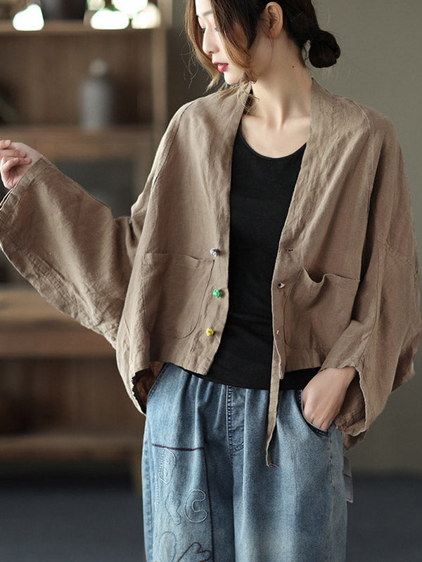 Casual V-Neck Linen Batwing Sleeves Outerwear
