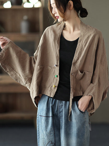 Casual V-Neck Linen Batwing Sleeves Outerwear