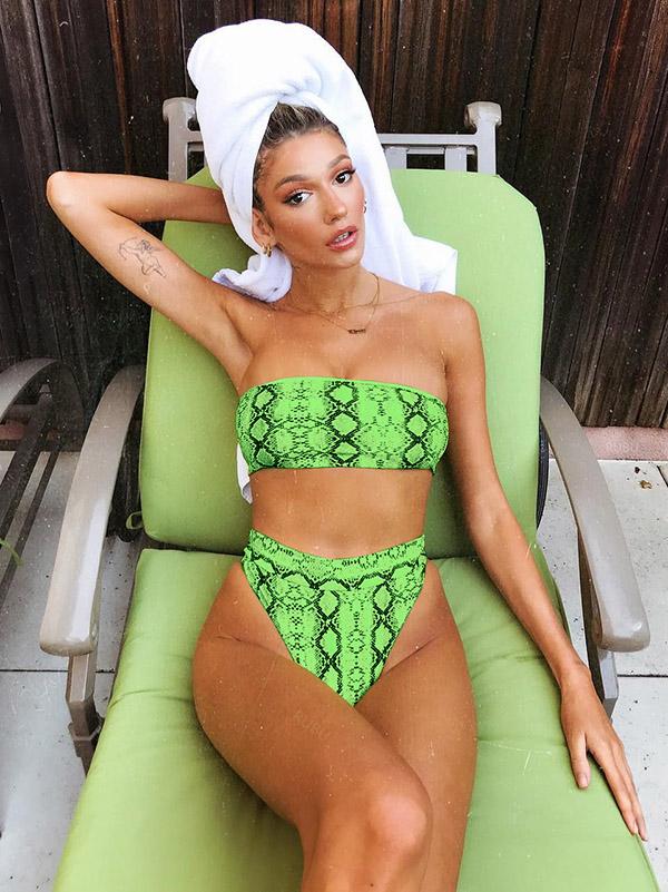 Snakeskin Print Top With High Cut Bikini Set