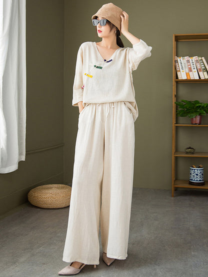 Original Casual Loose Linen Irregular Buttoned V-Neck Long Sleeves T-Shirt Tops&Wide Legs Casual Pants 2 Pieces Set