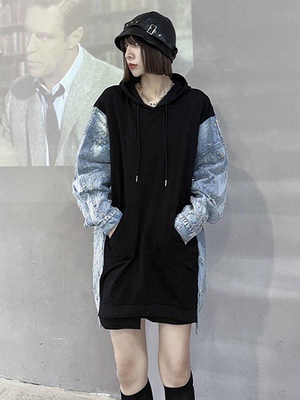 Original Stylish Loose Denim Split-Joint Hooded Long Sleeves Hoodies