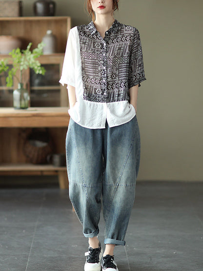 Original Printing Half Sleeve Lapel Blouse Tops