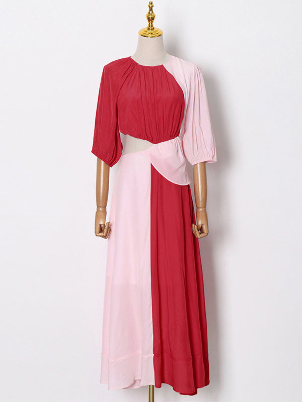 Stylish Contrast Color Split-Joint Round-Neck Raglan Sleeve Maxi Dress