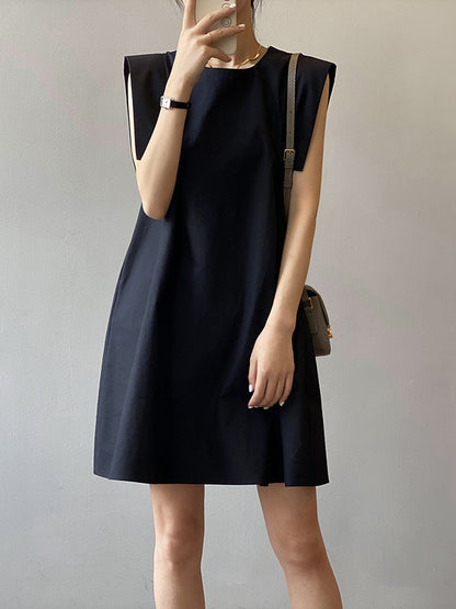 Casual Split-Joint Solid Color Round-Neck Sleeveless Mini Dress
