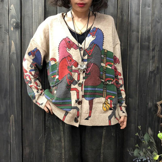 Buykud Cartoon Horse Printed V-neck Knitted Coat