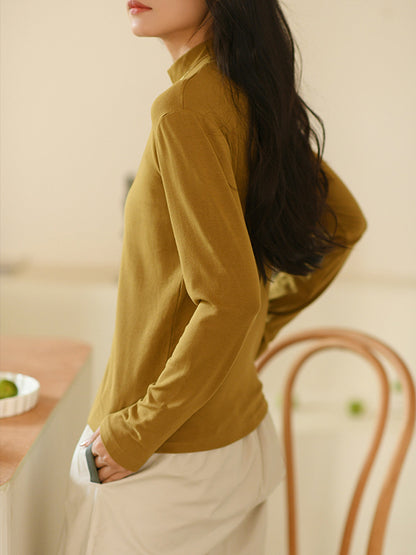 Simple Long Sleeves Elastics Solid Color High-Neck T-Shirts Tops