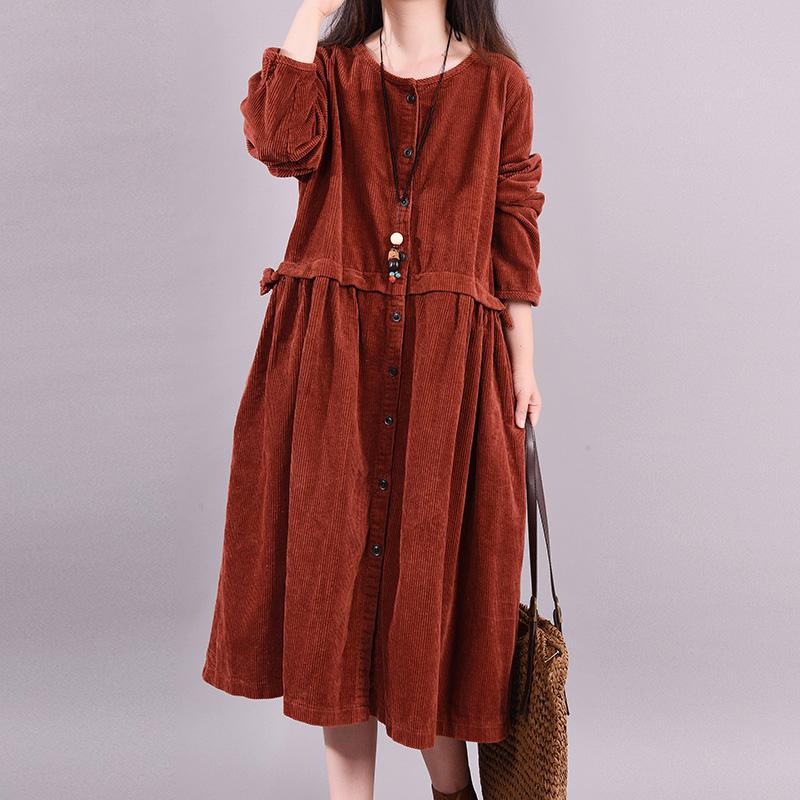 Buykud Long Sleeve Round Neck Corduroy Casual Midi Dress