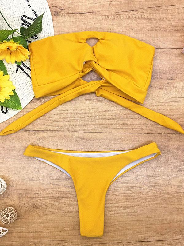 Strapless Knotted Solid Color Split Bikini Swimsuit