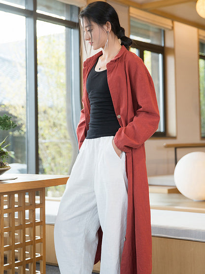 Artistic Retro Loose Simple Casual Solid Color Ramie Trench Coat