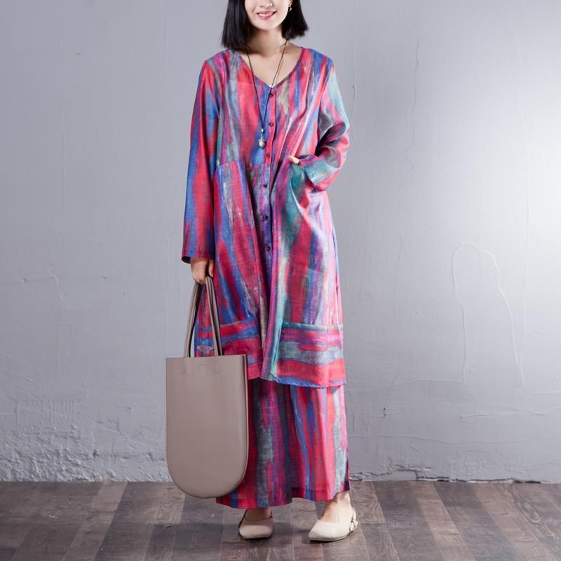 Casual Two-Piece V Neck Single Breasted Shirt Colorful Pant