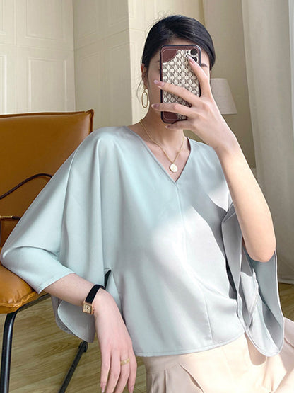 Chic Simple Solid Color Split-Joint V-Neck Batwing Sleeves T-Shirt