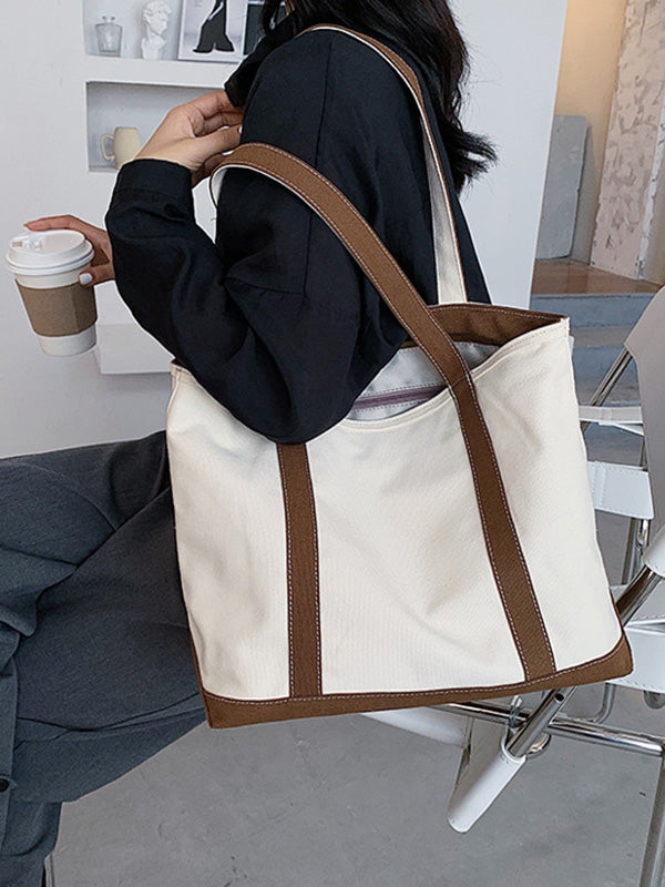 Simple Split-Joint Canvas Shoulder Bag Tote Bag