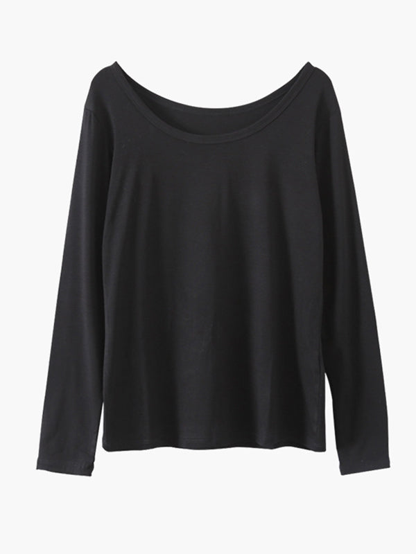 Casual Solid Color Long Sleeves Round-Neck T-Shirt Tops