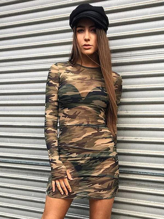 Sexy Long Sleeves Camouflage Mini Dresses
